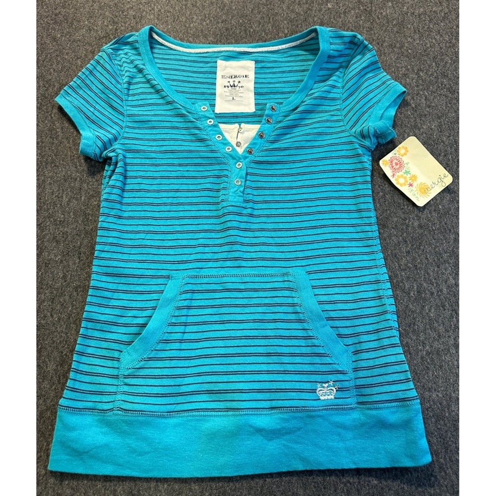 NWT Y2K Energie Striped Henley Top SS Kangaroo Pocket Junior Large Bella Swan - Picture 14 of 16